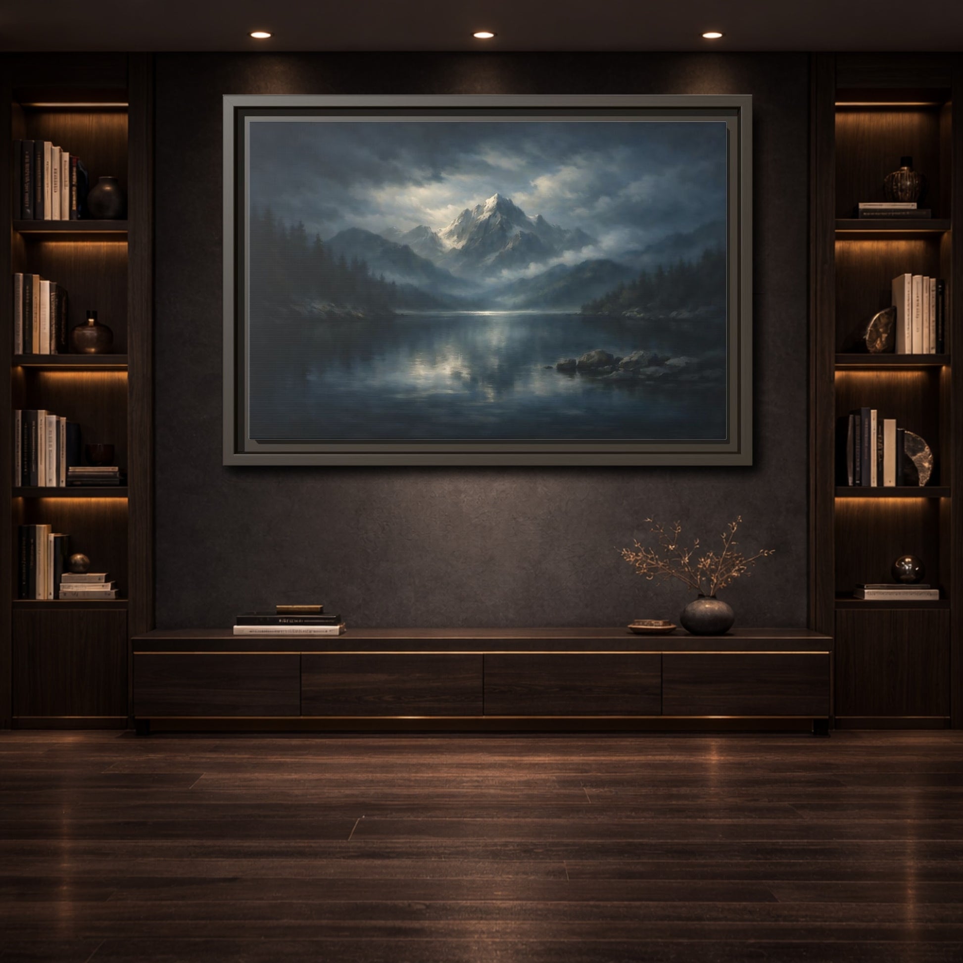 Mockup 3. Nature Snowy Mountain Blue Gray Mountain shown as stretched canvas wall art