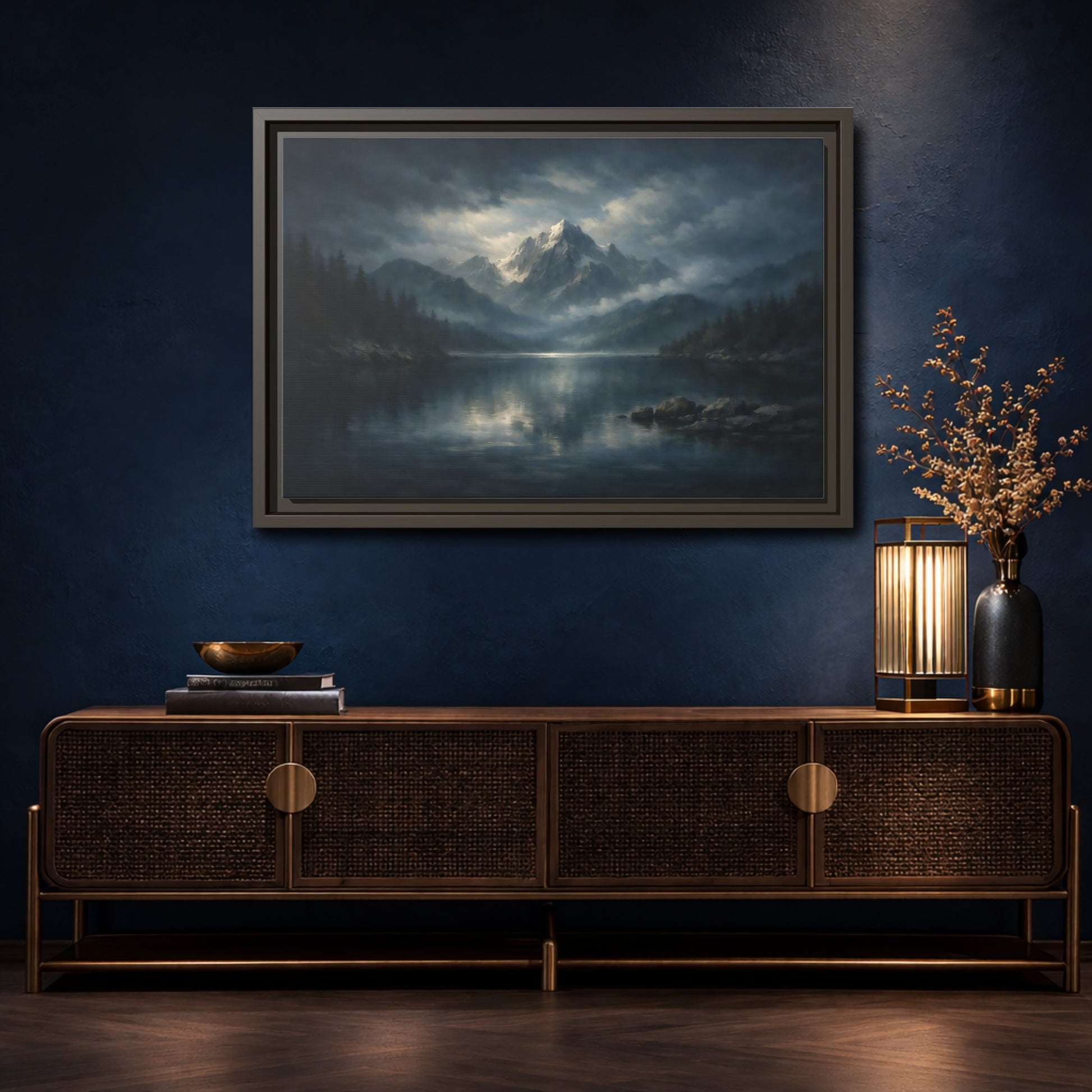 Mockup 4. Nature Snowy Mountain Blue Gray Mountain shown as stretched canvas wall art