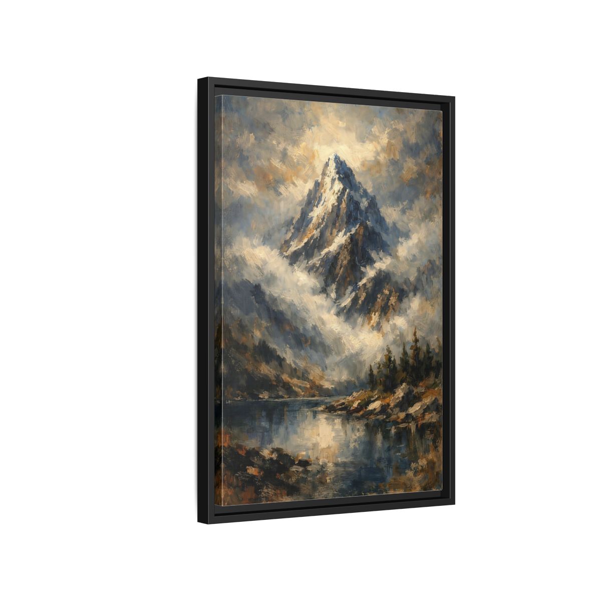 Side Mockup 3. Nature Snowy Mountain Blue Mountain Lake shown as stretched canvas wall art