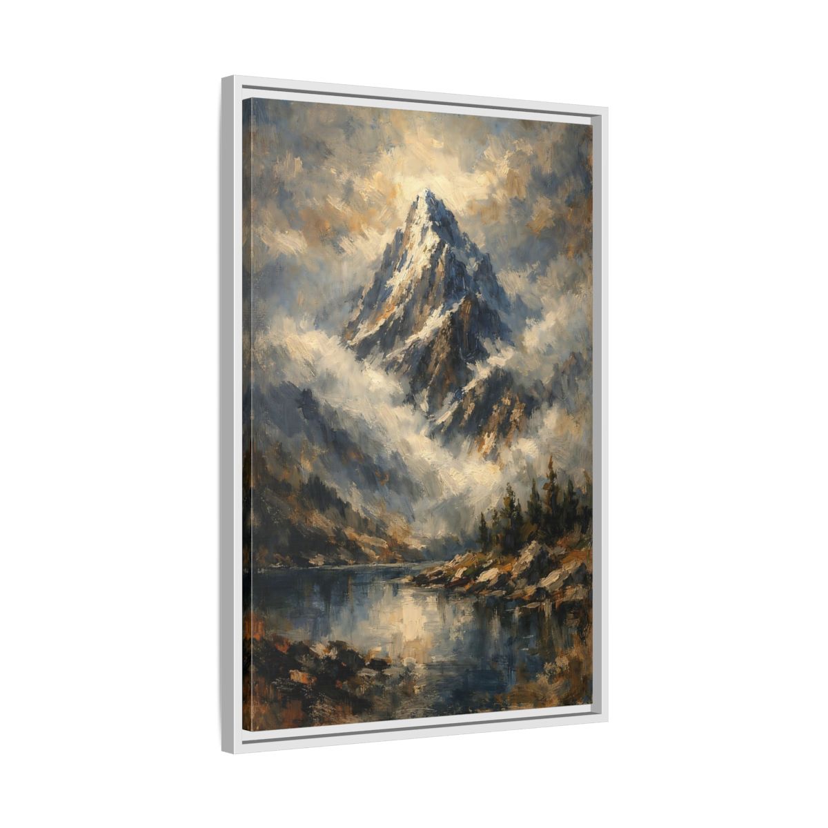 Side Mockup 11. Nature Snowy Mountain Blue Mountain Lake shown as stretched canvas wall art