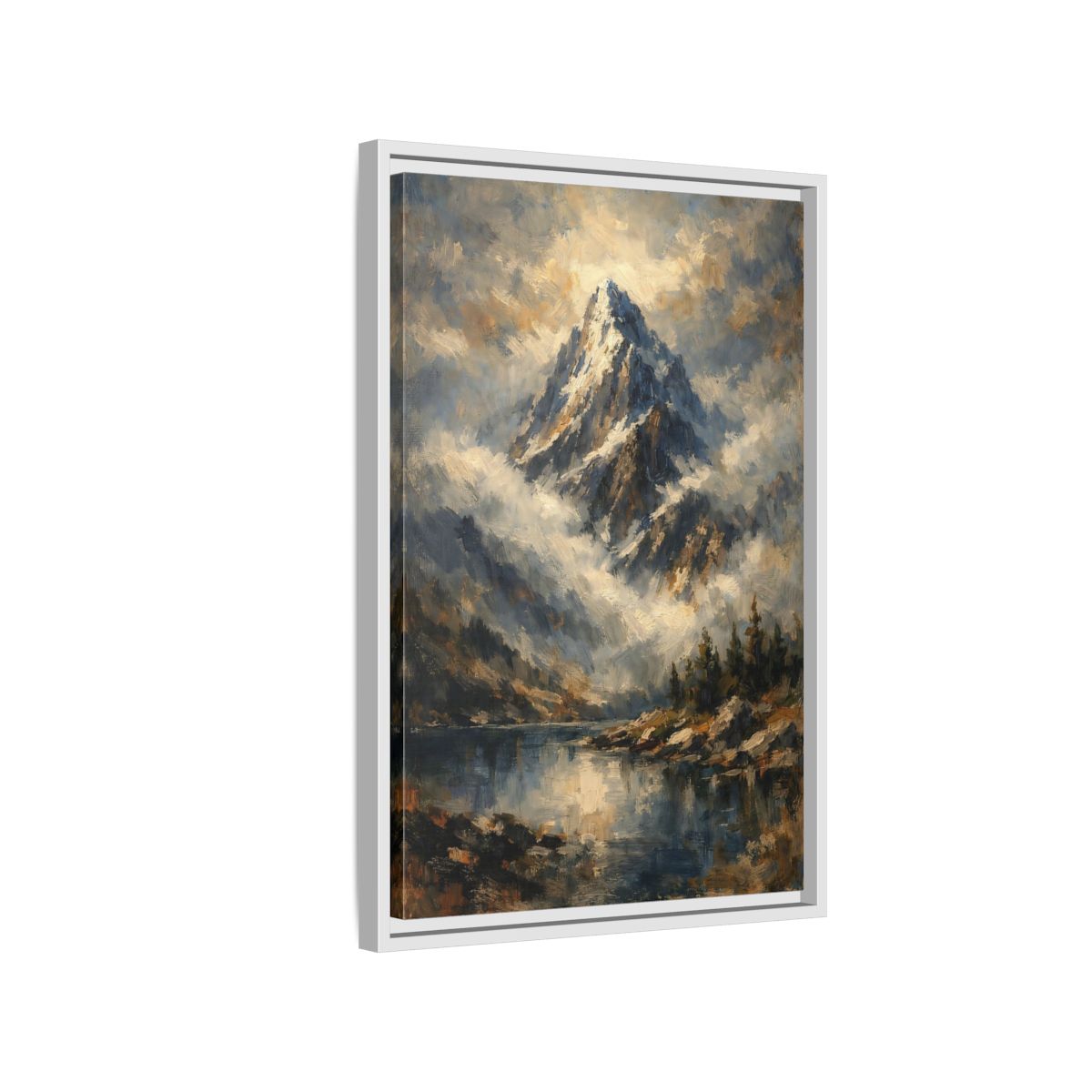 Side Mockup 1. Nature Snowy Mountain Blue Mountain Lake shown as stretched canvas wall art