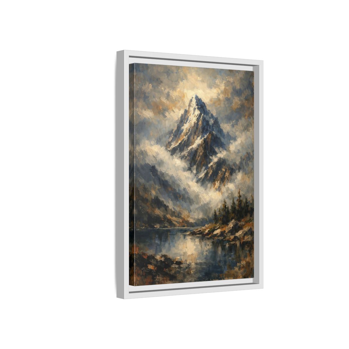 Side Mockup 4. Nature Snowy Mountain Blue Mountain Lake shown as stretched canvas wall art