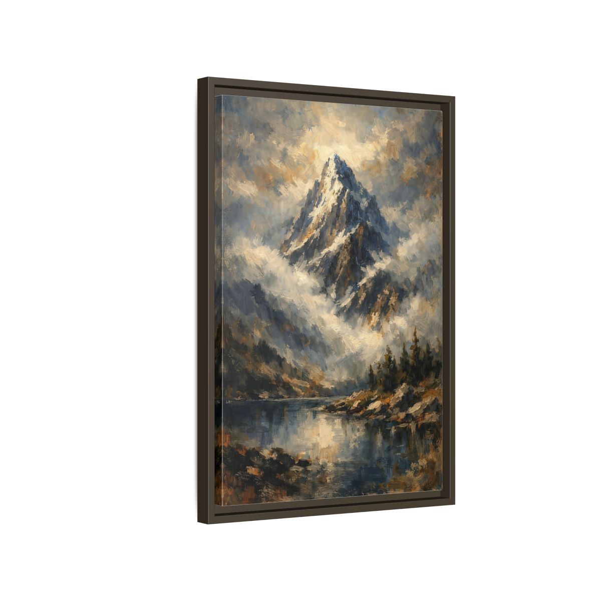 Side Mockup 2. Nature Snowy Mountain Blue Mountain Lake shown as stretched canvas wall art