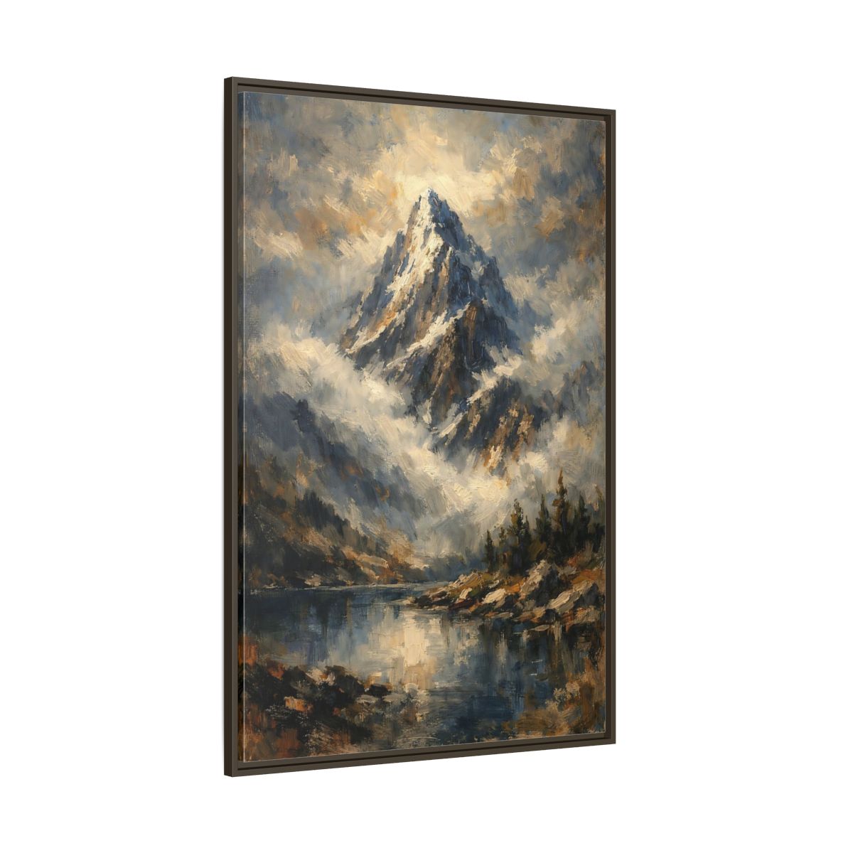 Side Mockup 8. Nature Snowy Mountain Blue Mountain Lake shown as stretched canvas wall art