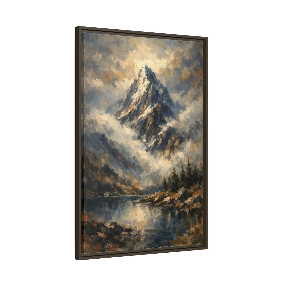 Side Mockup 10. Nature Snowy Mountain Blue Mountain Lake shown as stretched canvas wall art