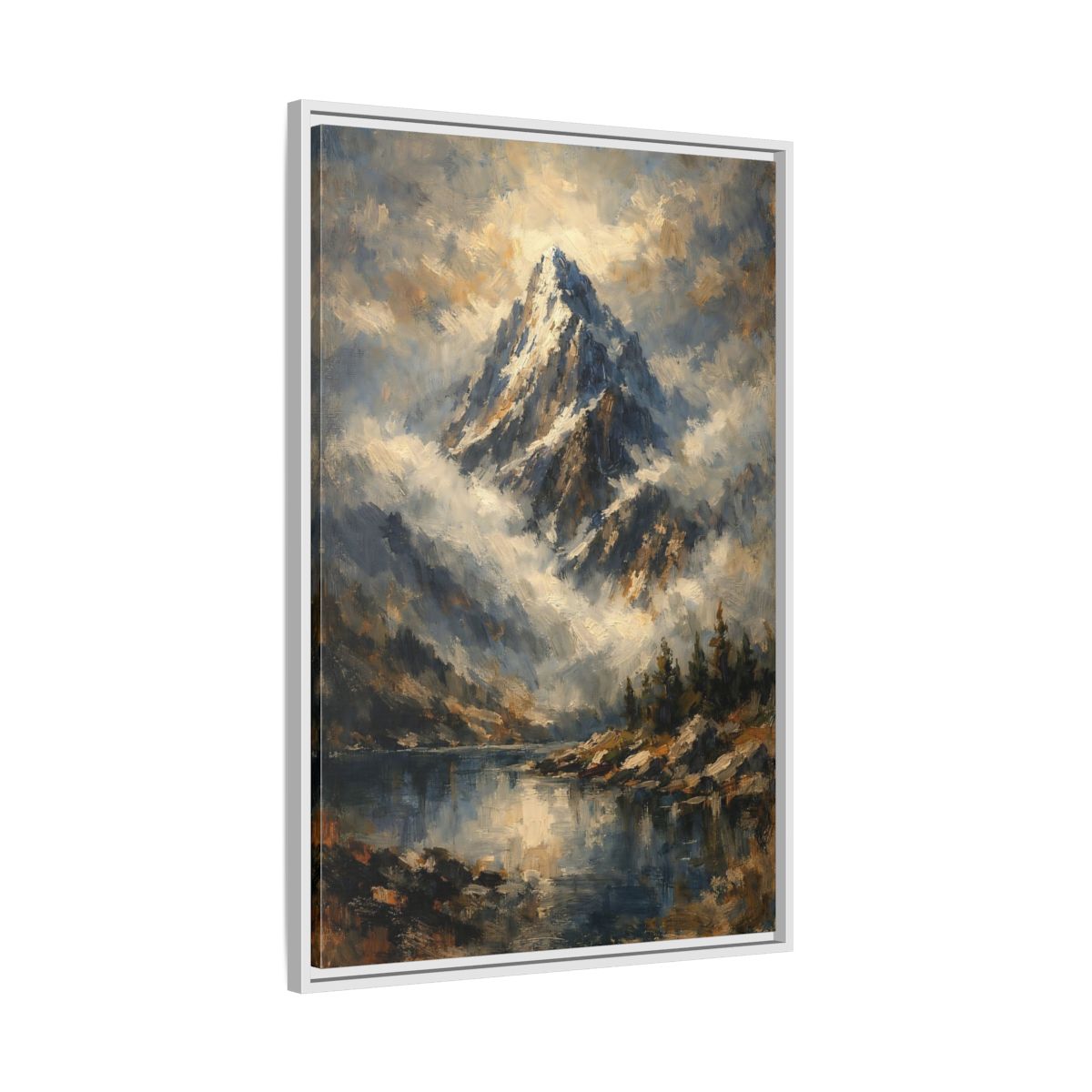 Side Mockup 9. Nature Snowy Mountain Blue Mountain Lake shown as stretched canvas wall art