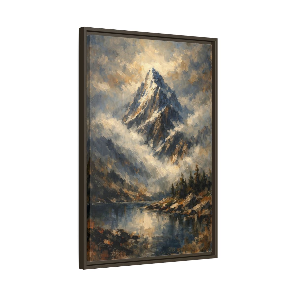 Side Mockup 12. Nature Snowy Mountain Blue Mountain Lake shown as stretched canvas wall art