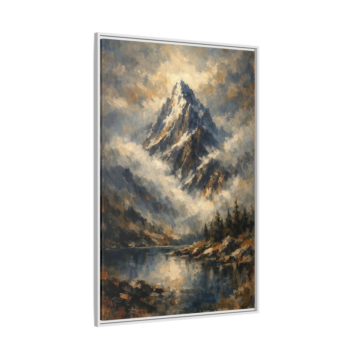Side Mockup 7. Nature Snowy Mountain Blue Mountain Lake shown as stretched canvas wall art