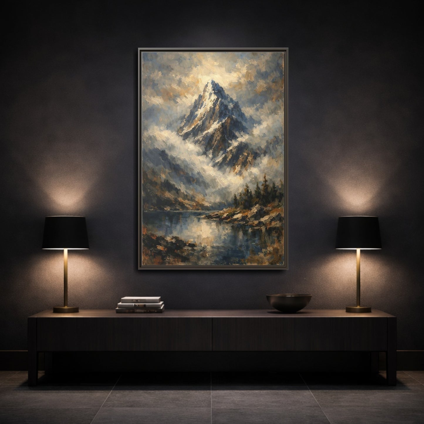 Mockup 2. Nature Snowy Mountain Blue Mountain Lake shown as stretched canvas wall art