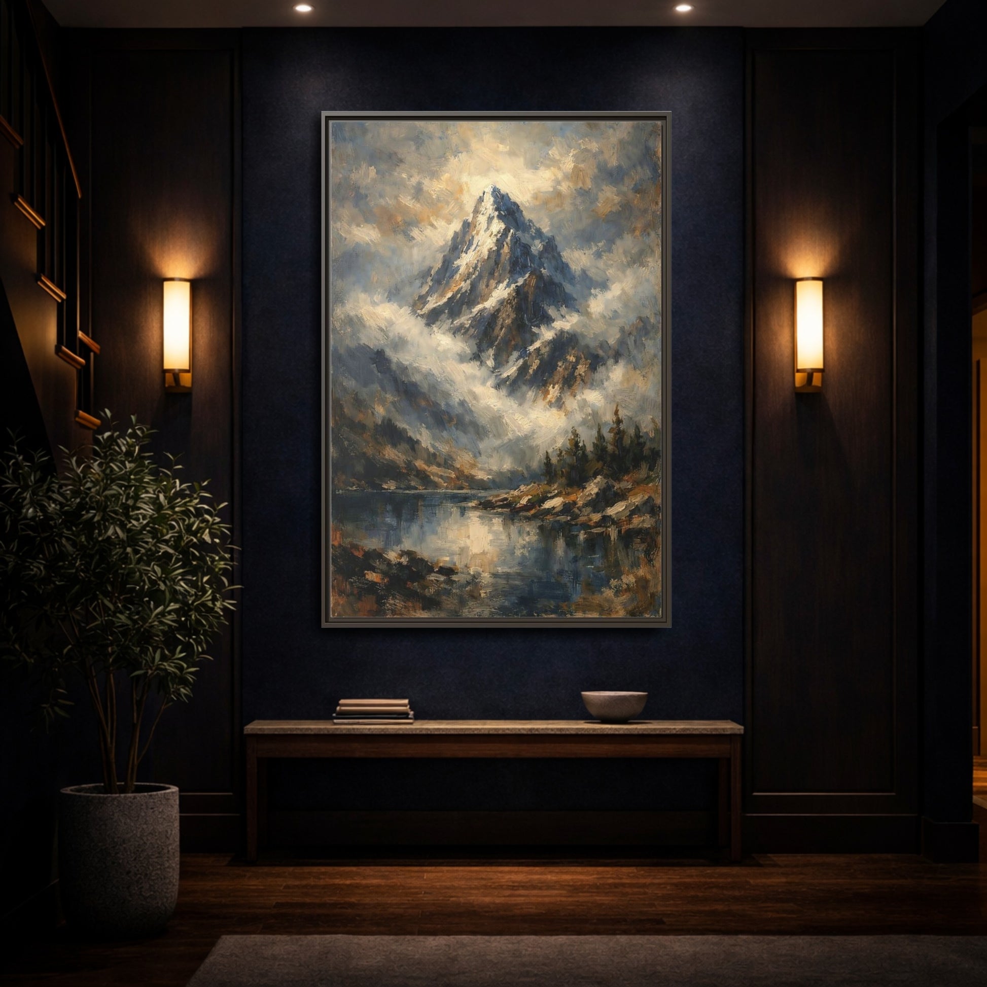 Mockup 3. Nature Snowy Mountain Blue Mountain Lake shown as stretched canvas wall art