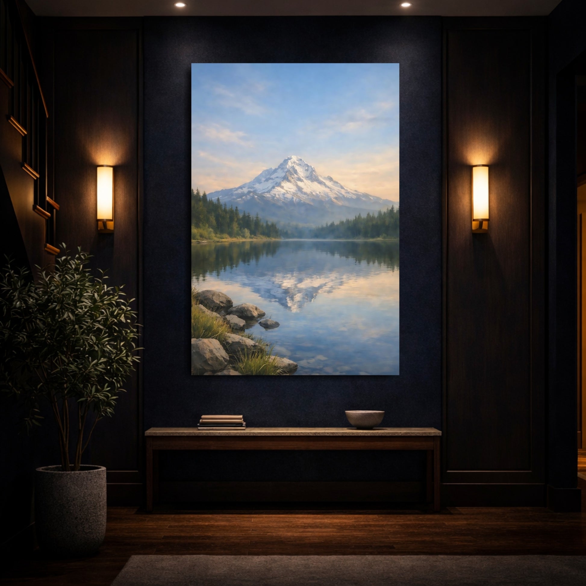 Nature Snowy Mountain Blue Mountain Lake shown as front canvas room wall art