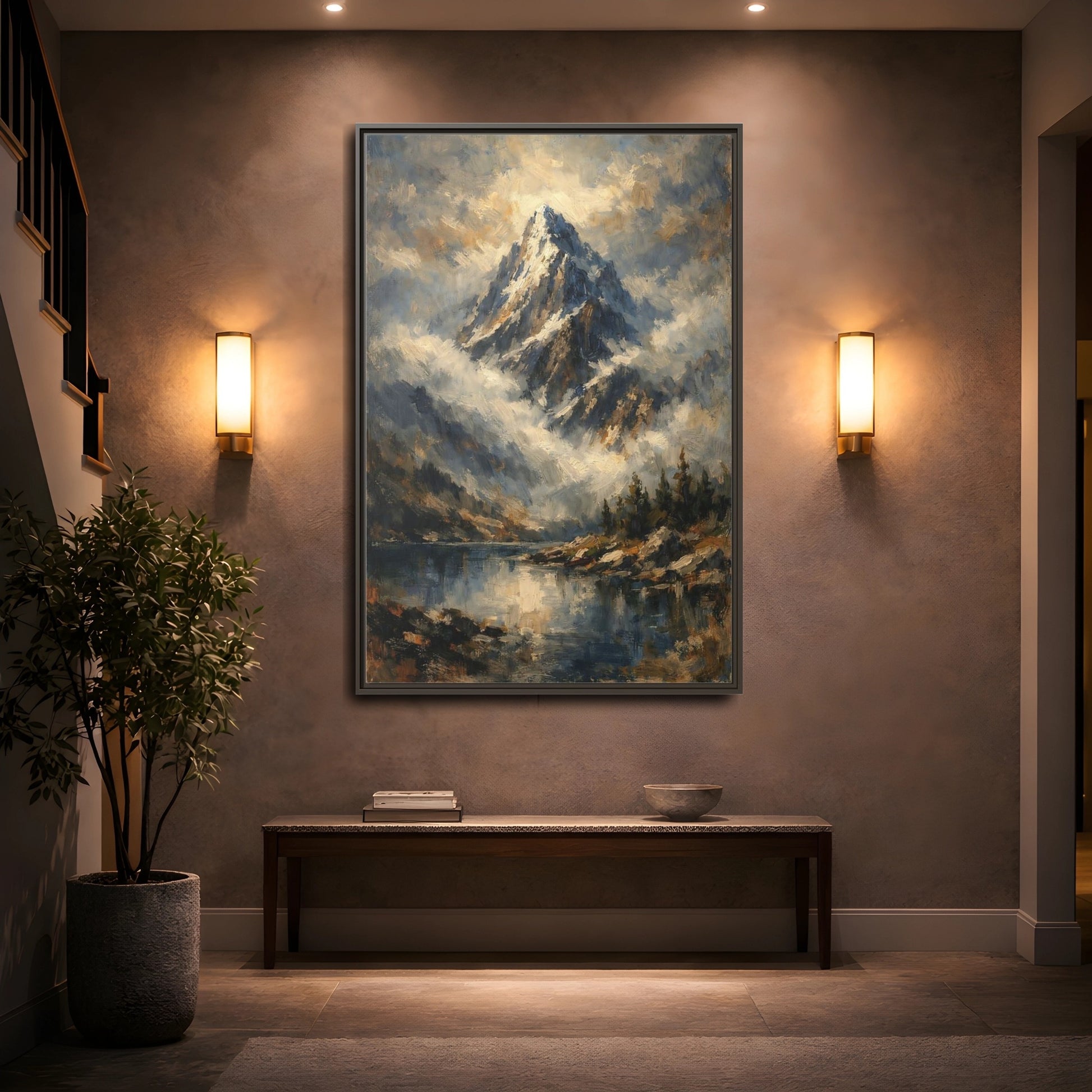 Mockup 4. Nature Snowy Mountain Blue Mountain Lake shown as stretched canvas wall art