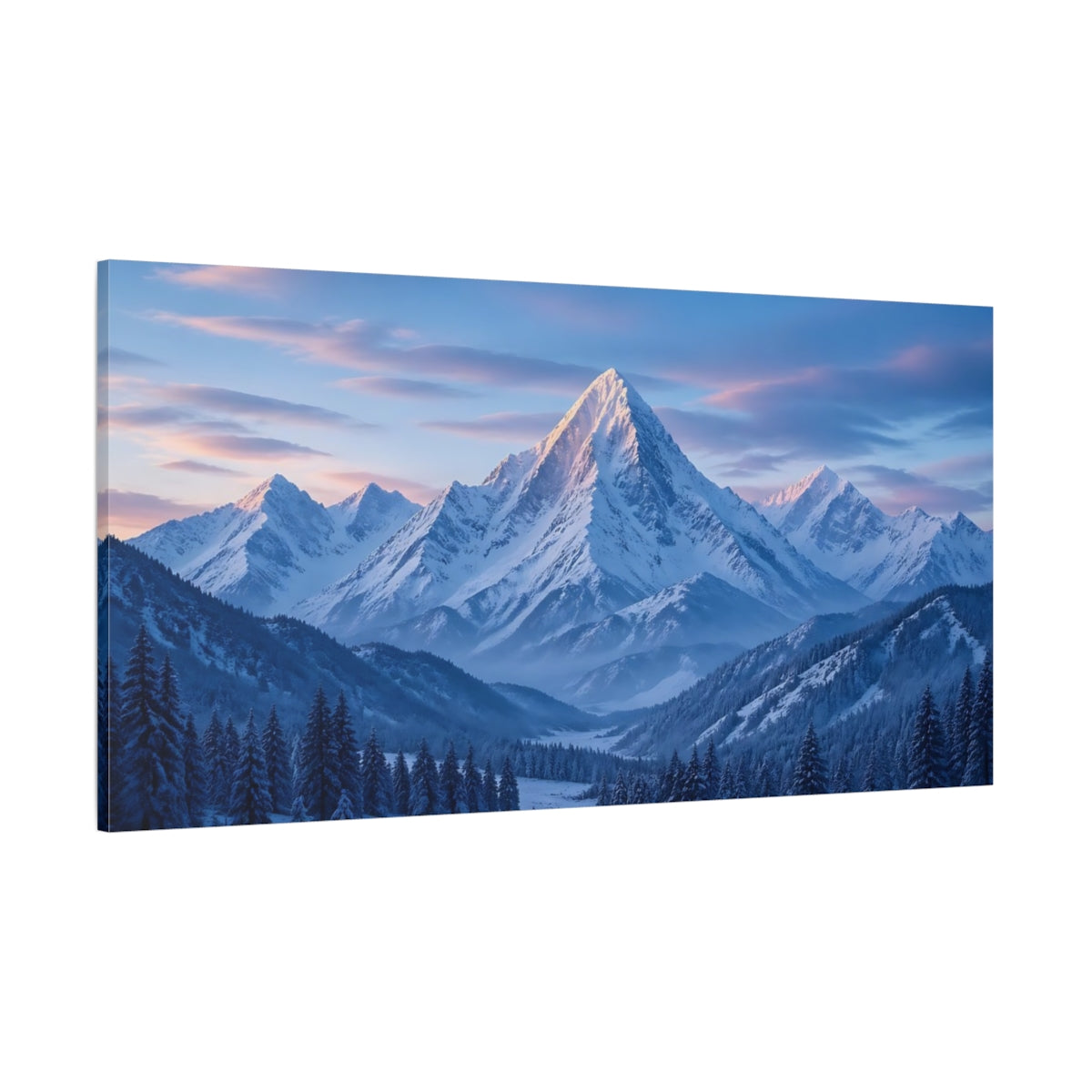 Side Mockup 2. Nature Snowy Mountain Blue Winter Mountain shown as stretched canvas wall art
