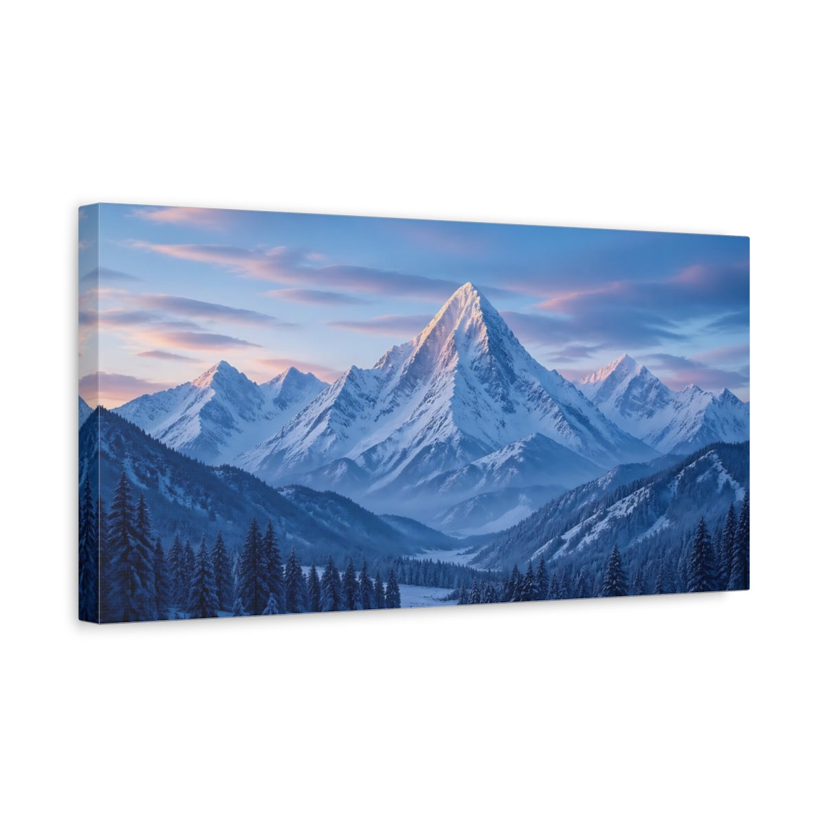 Side Mockup 3. Nature Snowy Mountain Blue Winter Mountain shown as stretched canvas wall art