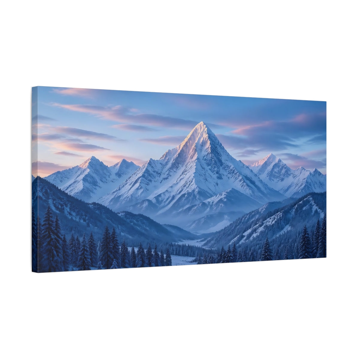 Side Mockup 1. Nature Snowy Mountain Blue Winter Mountain shown as stretched canvas wall art