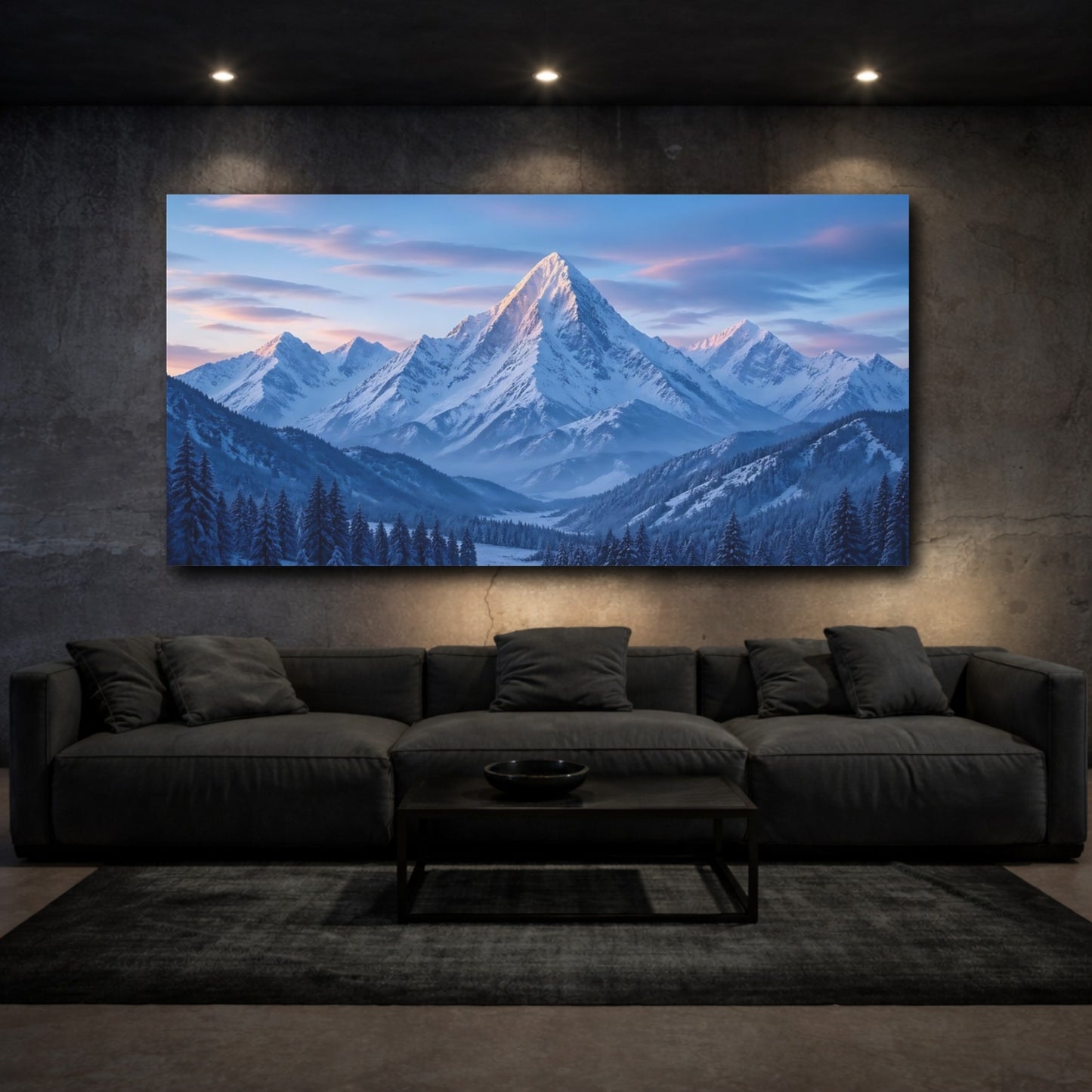 Mockup 2. Nature Snowy Mountain Blue Winter Mountain shown as stretched canvas wall art