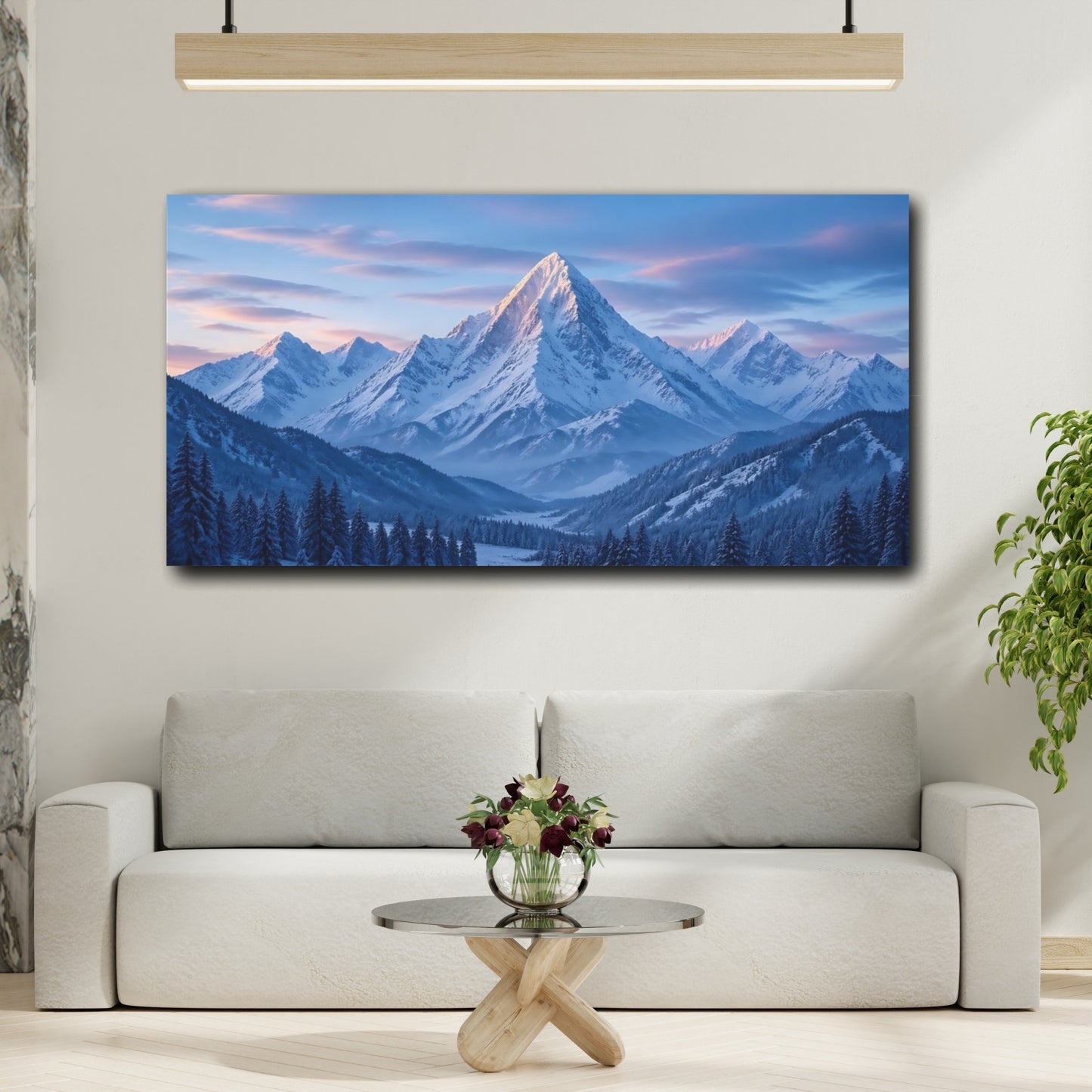 Mockup 3. Nature Snowy Mountain Blue Winter Mountain shown as stretched canvas wall art
