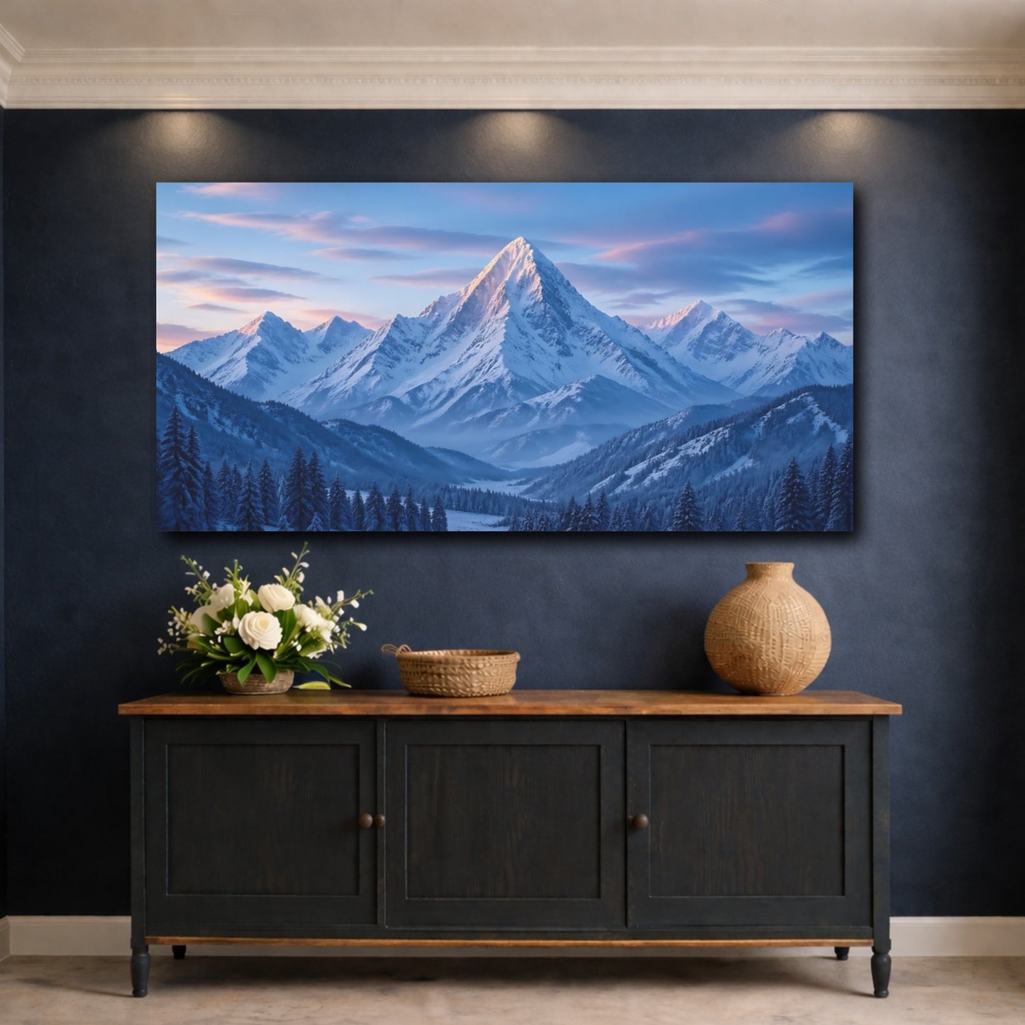 Mockup 4. Nature Snowy Mountain Blue Winter Mountain shown as stretched canvas wall art