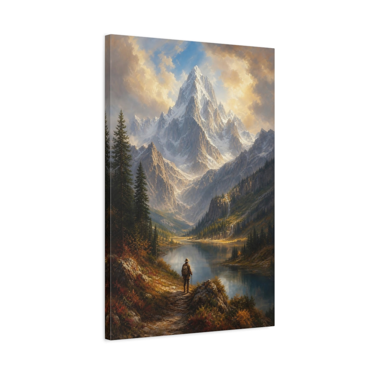 Side Mockup 2. Nature Snowy Mountain Brown And Blue Mountain shown as stretched canvas wall art