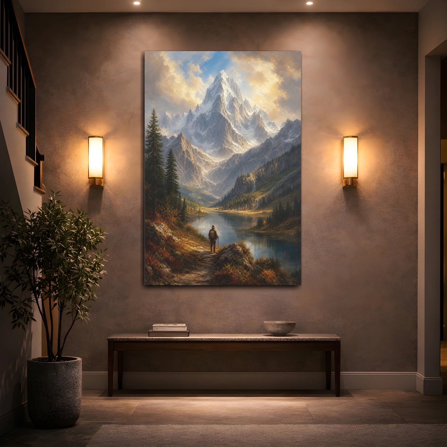 Mockup 2. Nature Snowy Mountain Brown And Blue Mountain shown as stretched canvas wall art