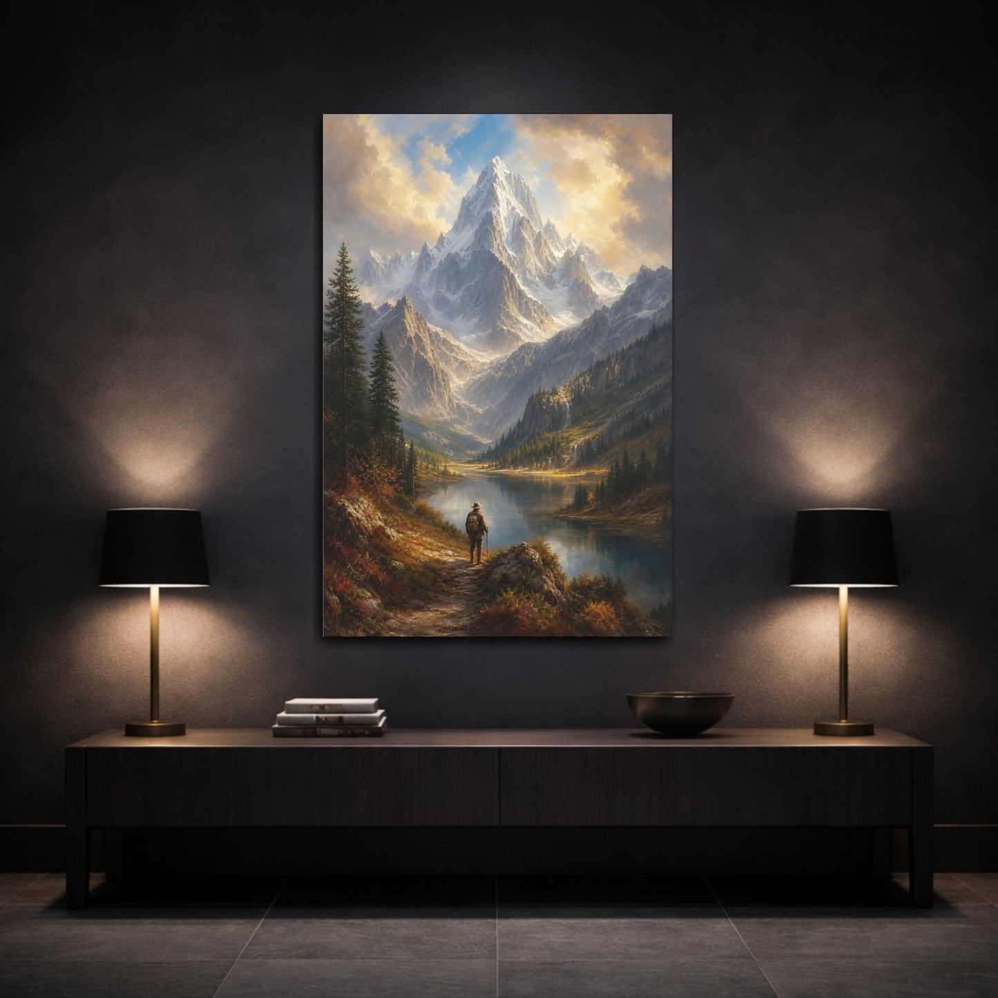 Mockup 3. Nature Snowy Mountain Brown And Blue Mountain shown as stretched canvas wall art
