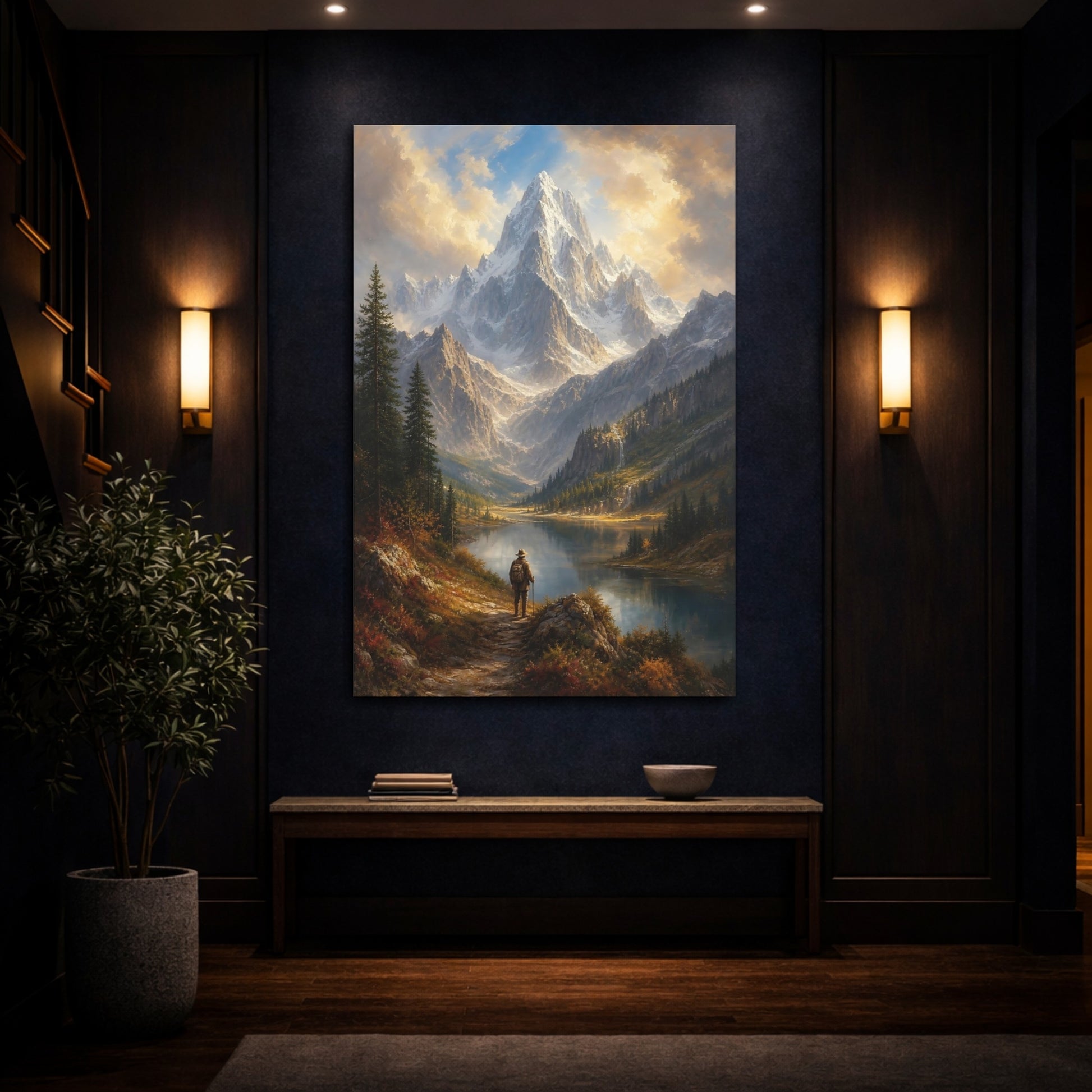 Mockup 4. Nature Snowy Mountain Brown And Blue Mountain shown as stretched canvas wall art