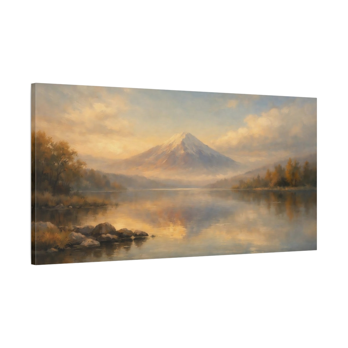 Side Mockup 1. Nature Snowy Mountain Golden Mountain Lake shown as stretched canvas wall art