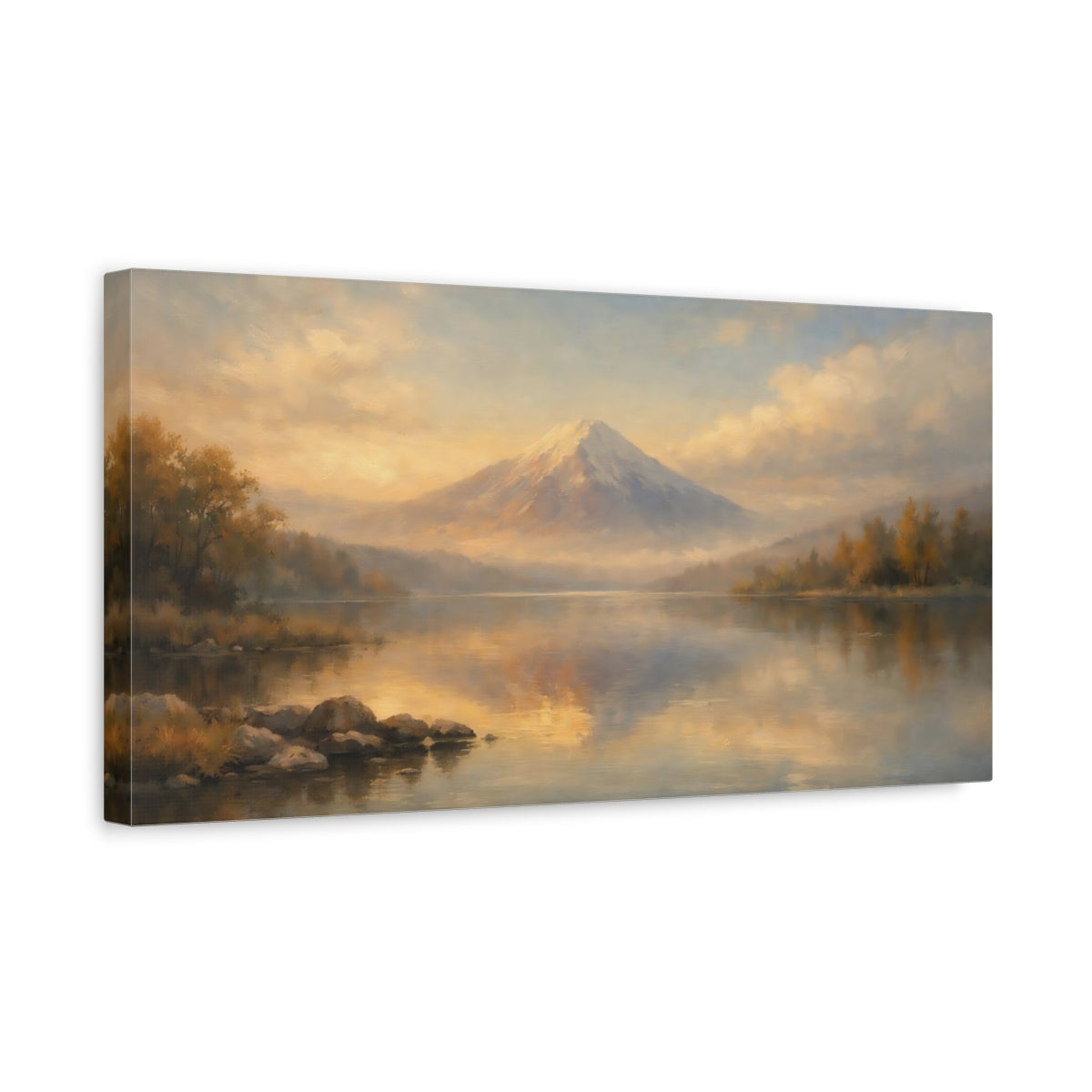 Side Mockup 3. Nature Snowy Mountain Golden Mountain Lake shown as stretched canvas wall art