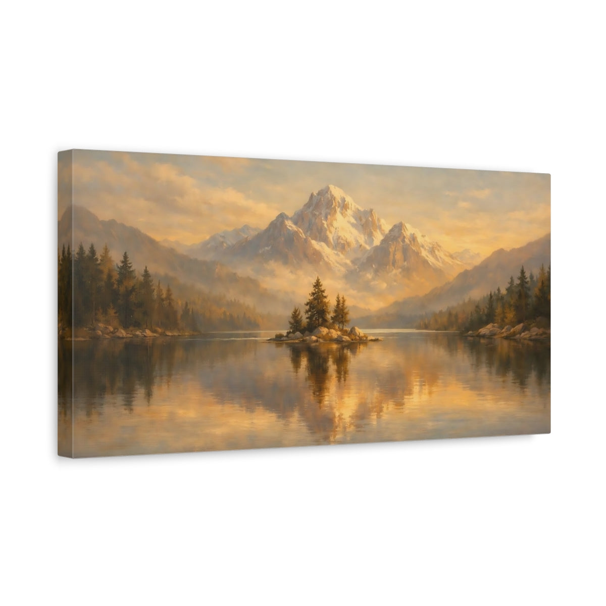 Side Mockup 3. Nature Snowy Mountain Golden Mountain Lake shown as stretched canvas wall art