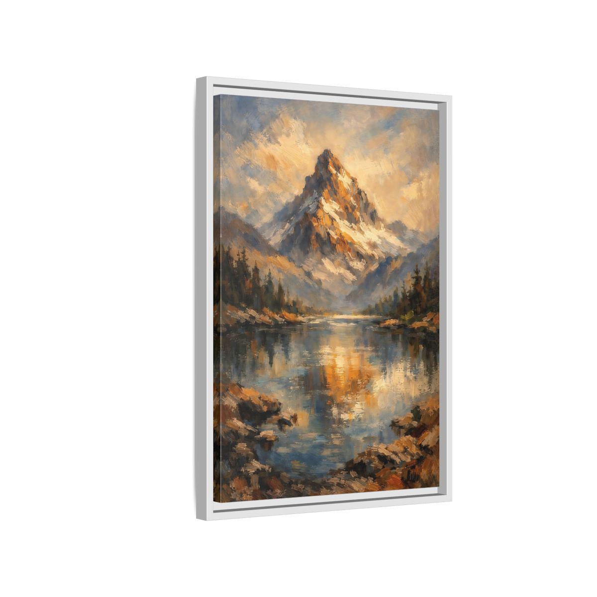 Side Mockup 1. Nature Snowy Mountain Golden Mountain Lake shown as stretched canvas wall art