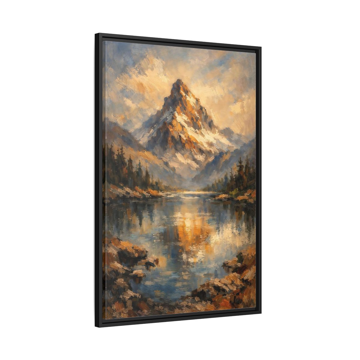 Side Mockup 13. Nature Snowy Mountain Golden Mountain Lake shown as stretched canvas wall art