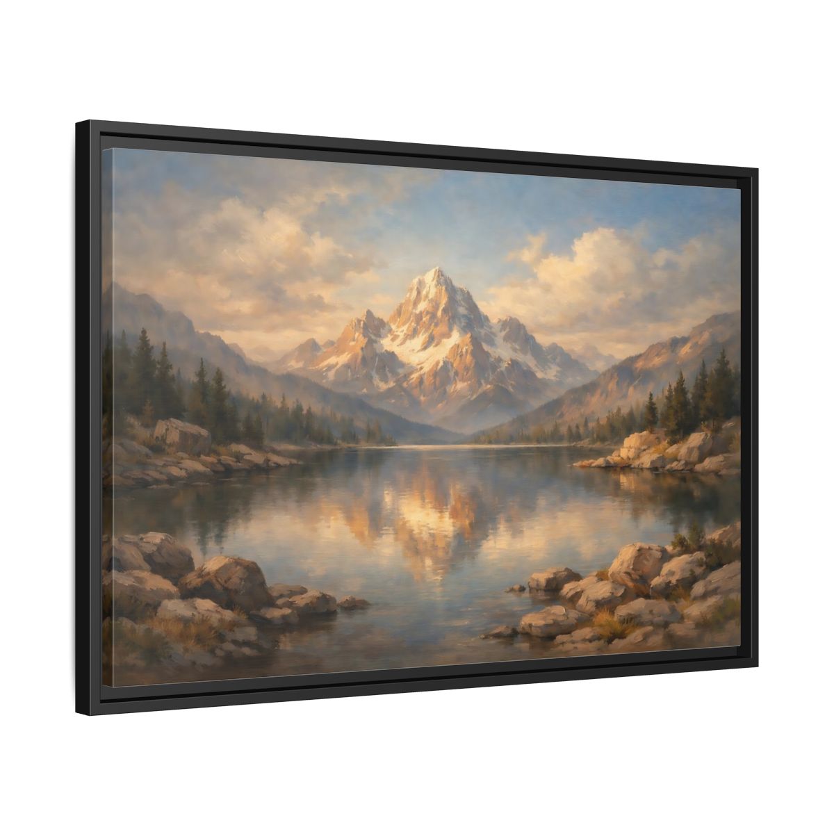 Side Mockup 14. Nature Snowy Mountain Golden Mountain Lake shown as stretched canvas wall art