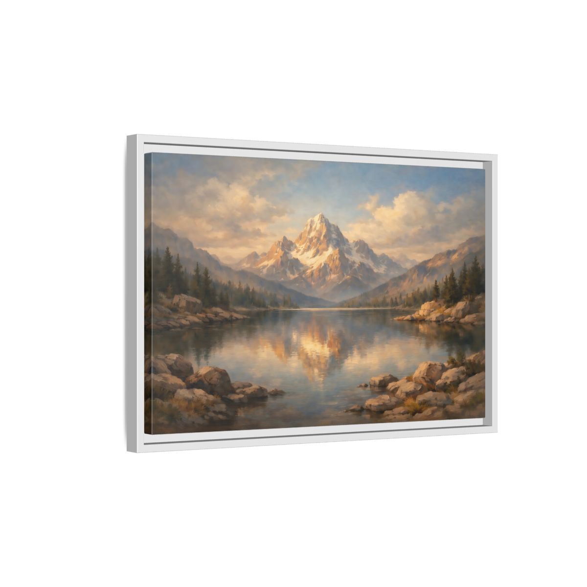 Side Mockup 1. Nature Snowy Mountain Golden Mountain Lake shown as stretched canvas wall art