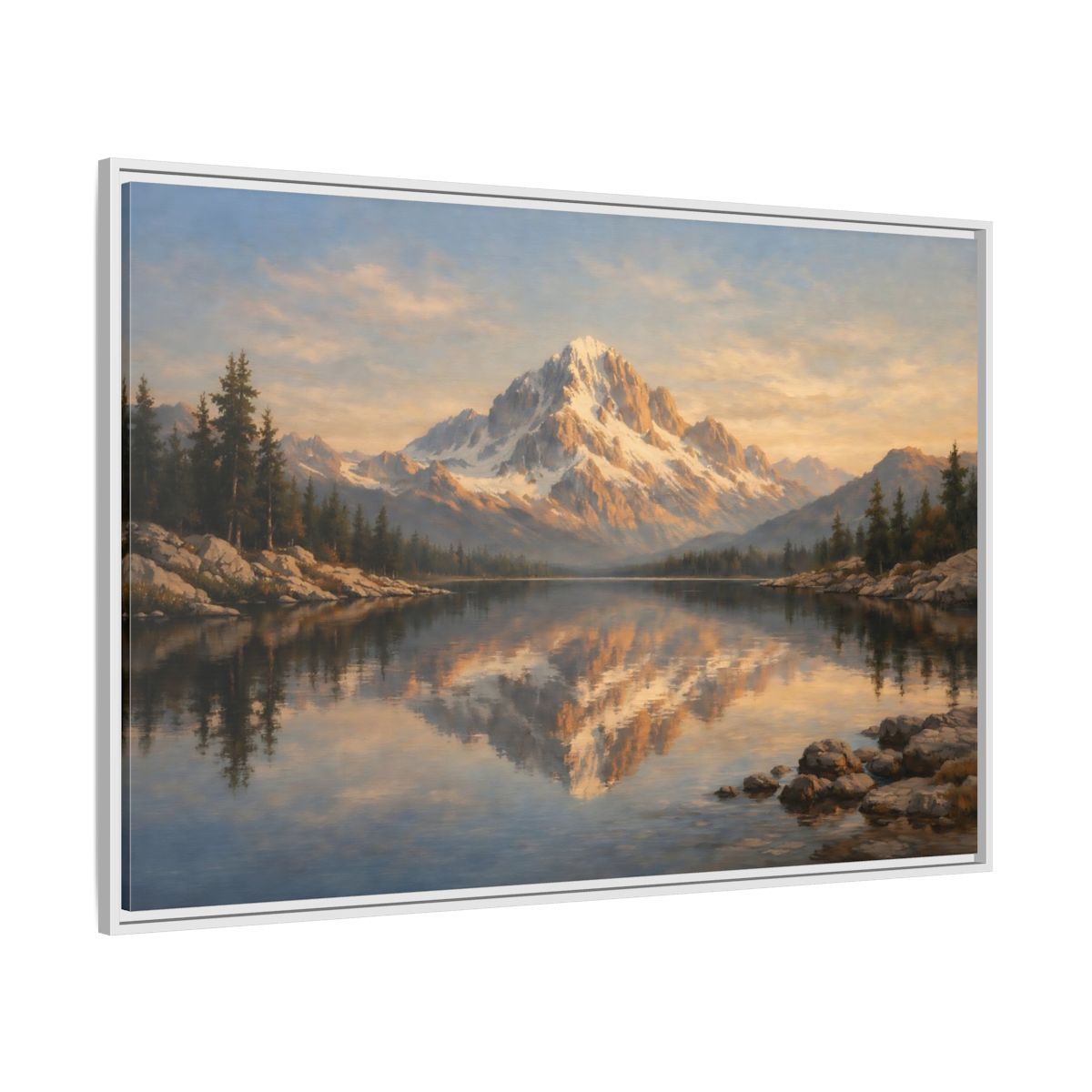 Side Mockup 7. Nature Snowy Mountain Golden Mountain Lake shown as stretched canvas wall art