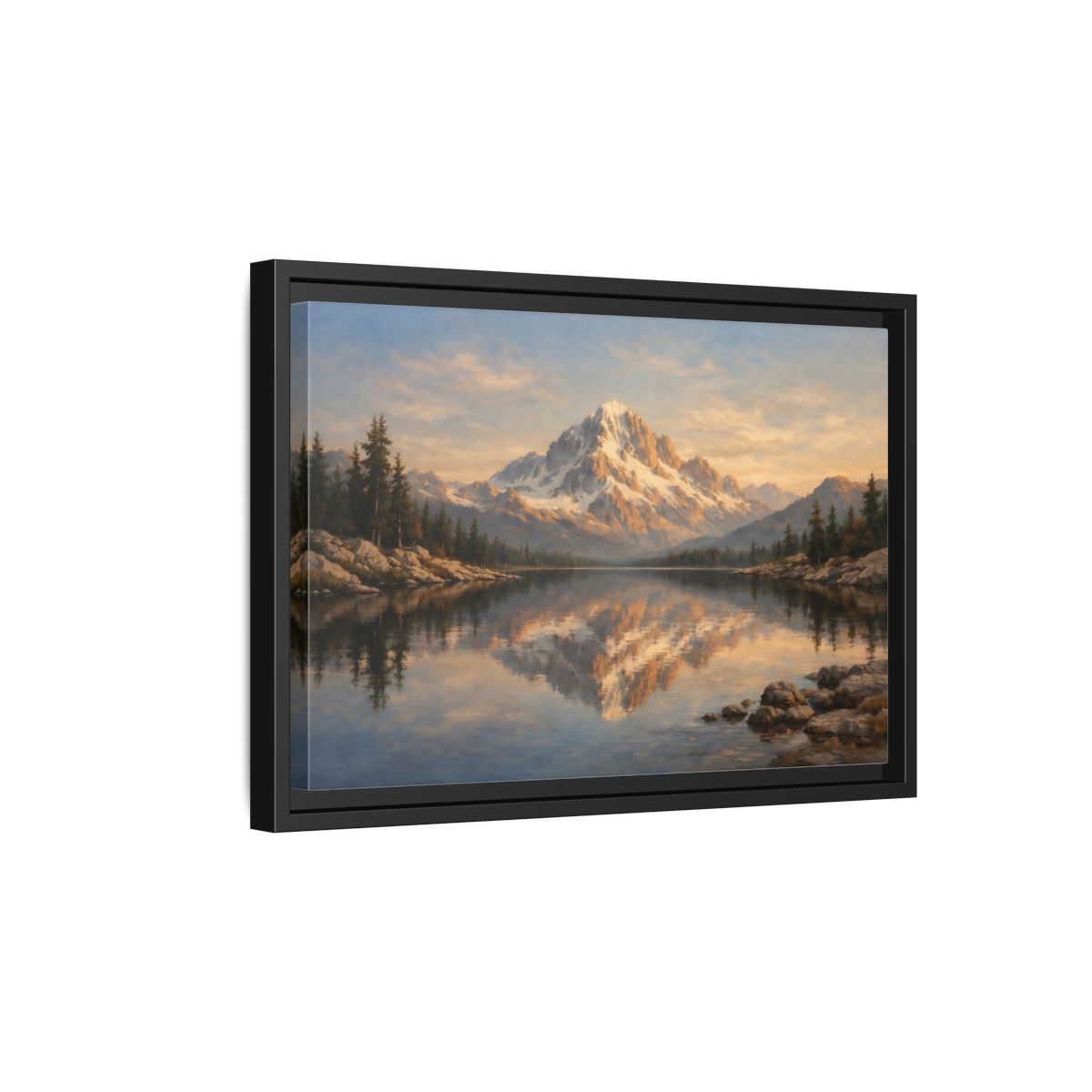 Side Mockup 6. Nature Snowy Mountain Golden Mountain Lake shown as stretched canvas wall art