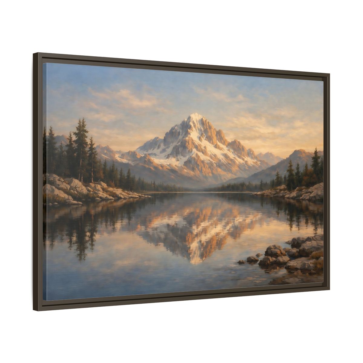 Side Mockup 9. Nature Snowy Mountain Golden Mountain Lake shown as stretched canvas wall art