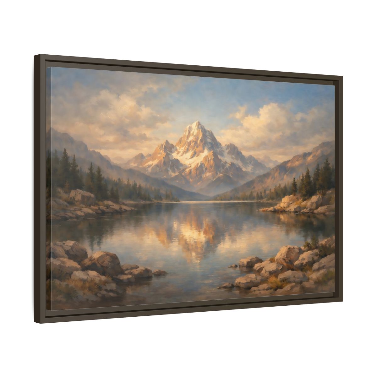 Side Mockup 11. Nature Snowy Mountain Golden Mountain Lake shown as stretched canvas wall art