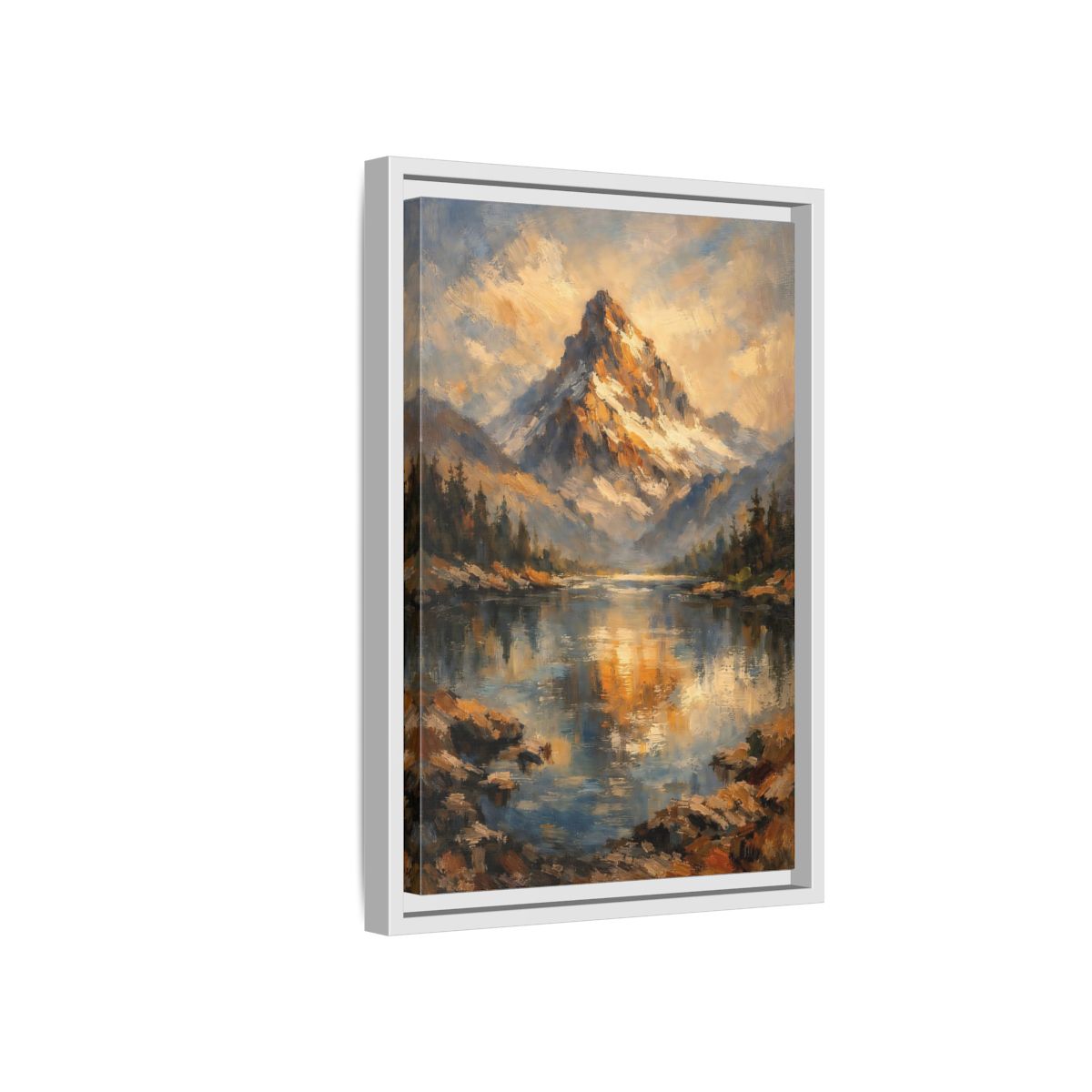 Side Mockup 4. Nature Snowy Mountain Golden Mountain Lake shown as stretched canvas wall art