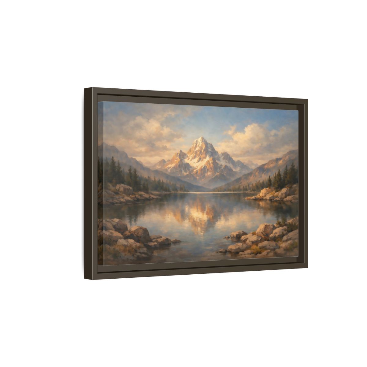 Side Mockup 5. Nature Snowy Mountain Golden Mountain Lake shown as stretched canvas wall art