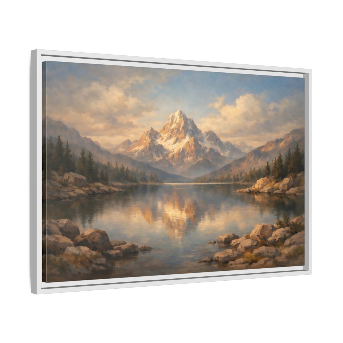Side Mockup 10. Nature Snowy Mountain Golden Mountain Lake shown as stretched canvas wall art