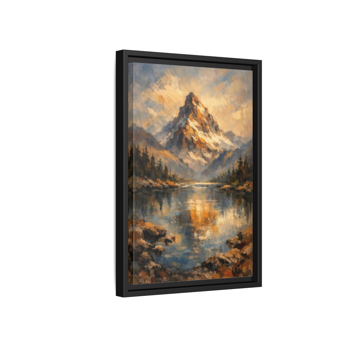 Side Mockup 6. Nature Snowy Mountain Golden Mountain Lake shown as stretched canvas wall art