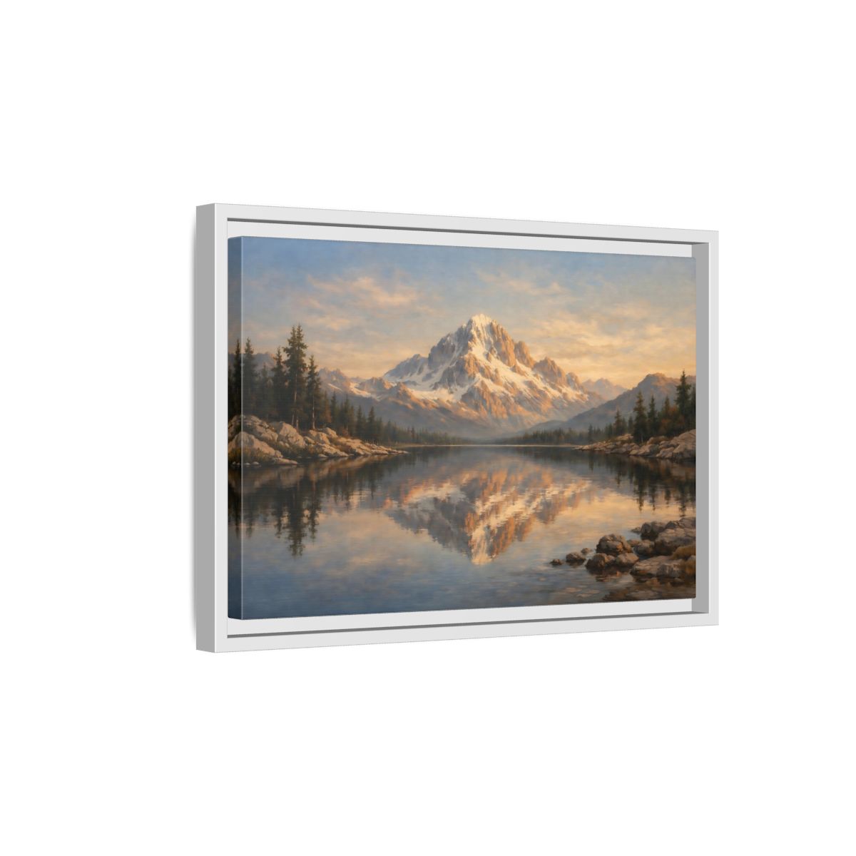 Side Mockup 4. Nature Snowy Mountain Golden Mountain Lake shown as stretched canvas wall art