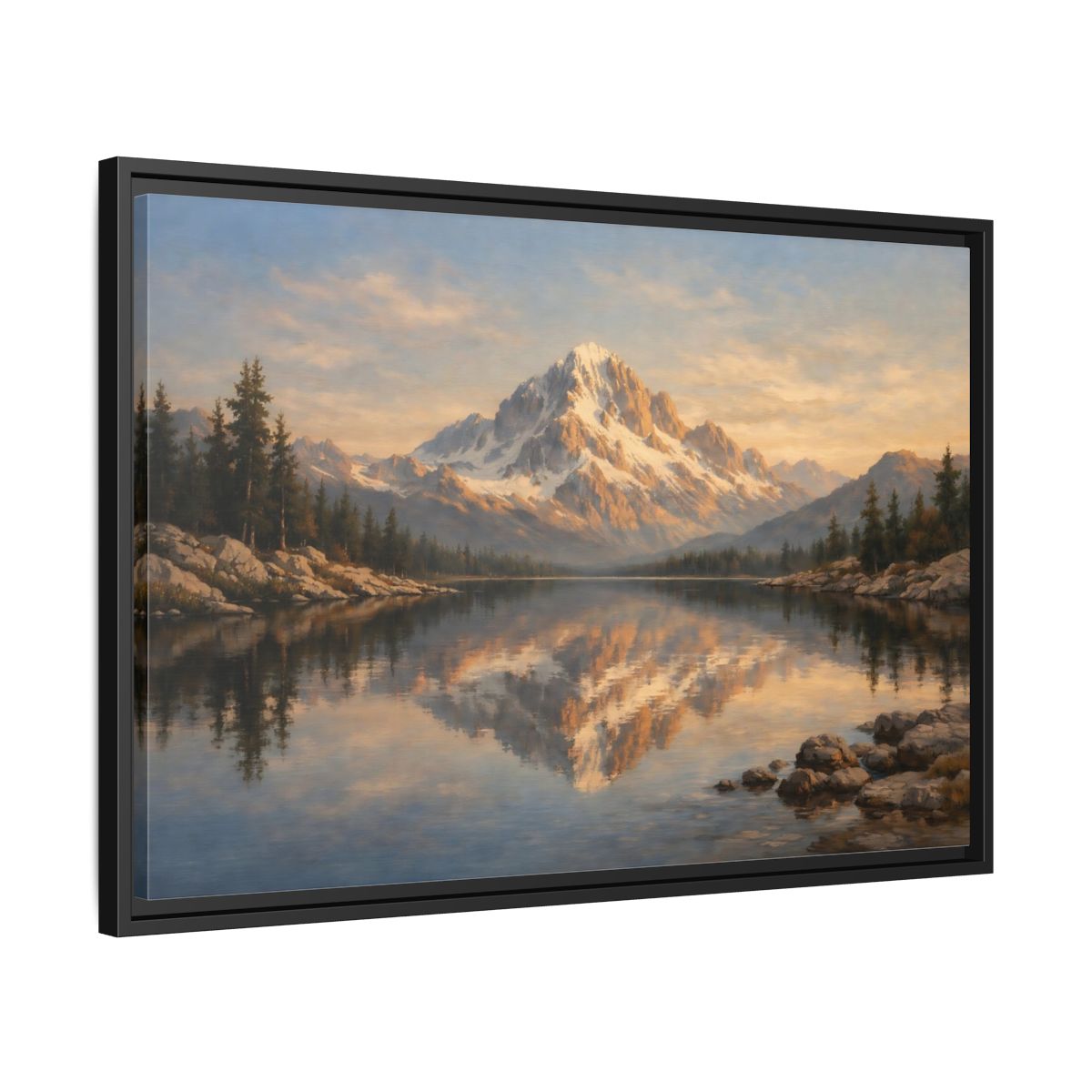 Side Mockup 14. Nature Snowy Mountain Golden Mountain Lake shown as stretched canvas wall art