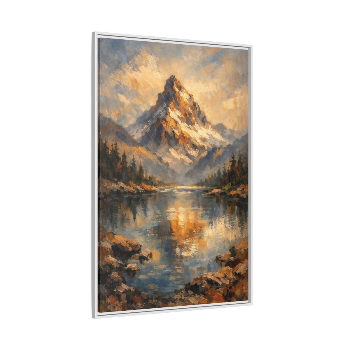 Side Mockup 7. Nature Snowy Mountain Golden Mountain Lake shown as stretched canvas wall art