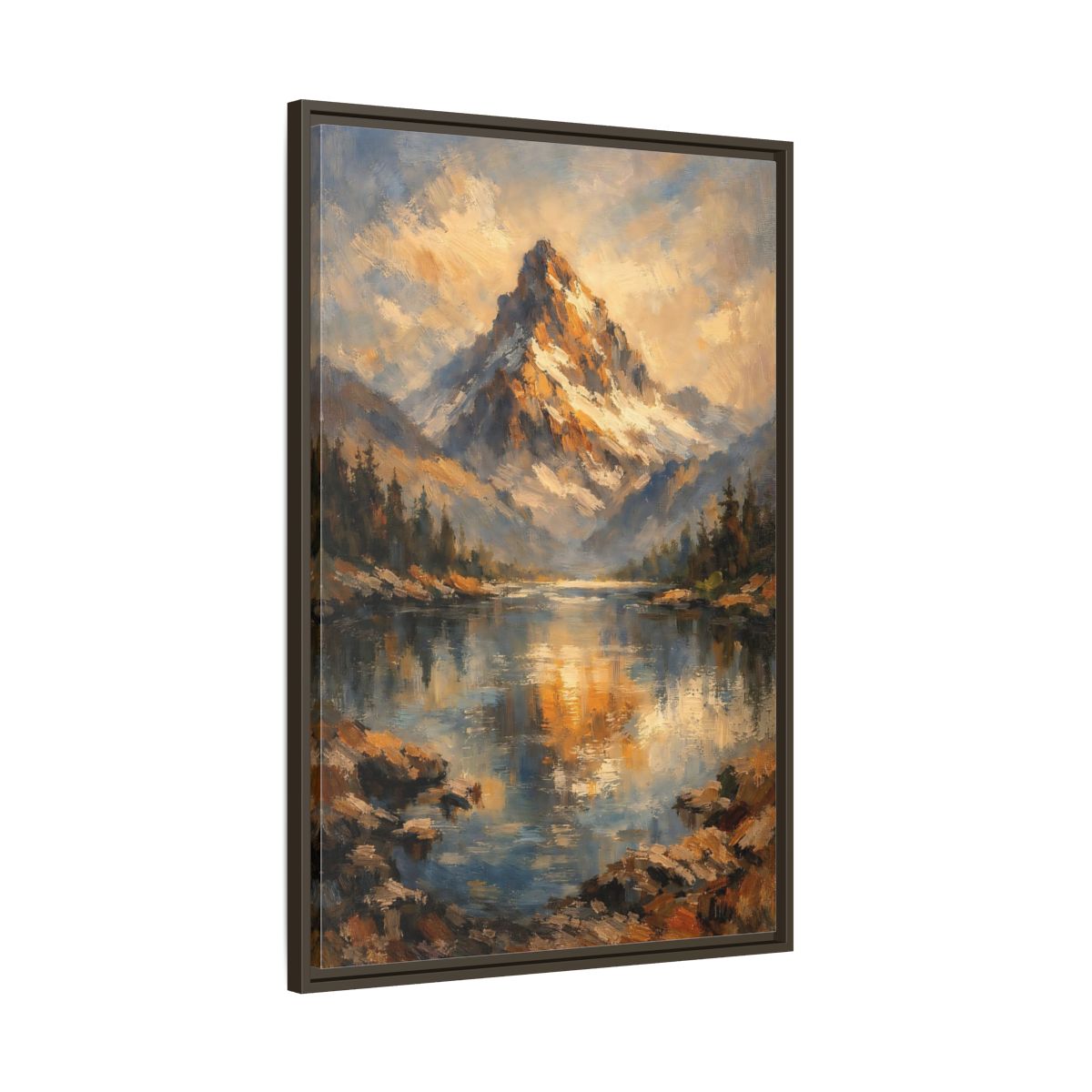 Side Mockup 10. Nature Snowy Mountain Golden Mountain Lake shown as stretched canvas wall art