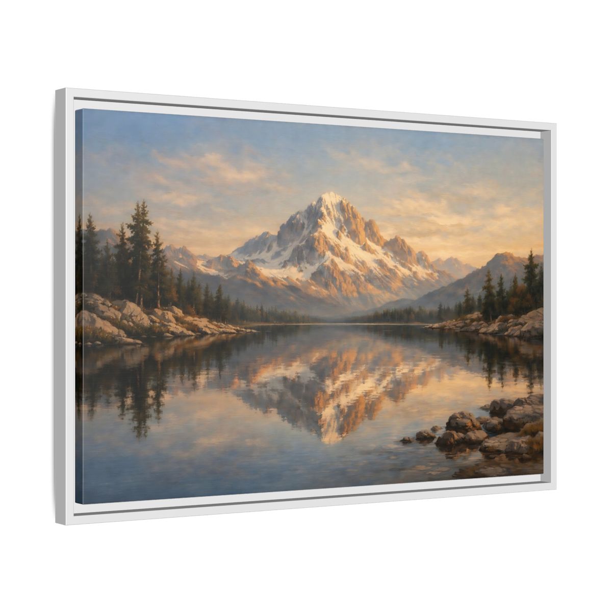 Side Mockup 10. Nature Snowy Mountain Golden Mountain Lake shown as stretched canvas wall art