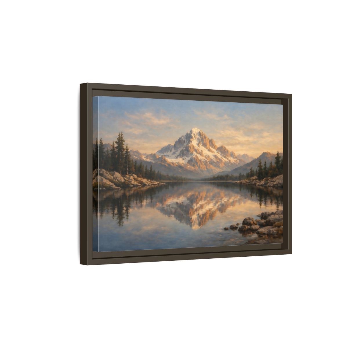 Side Mockup 5. Nature Snowy Mountain Golden Mountain Lake shown as stretched canvas wall art