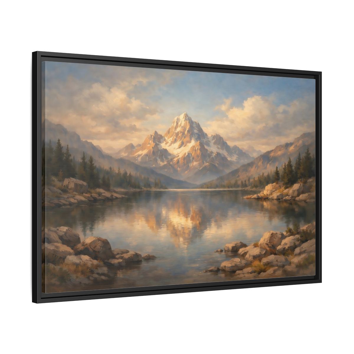 Side Mockup 13. Nature Snowy Mountain Golden Mountain Lake shown as stretched canvas wall art