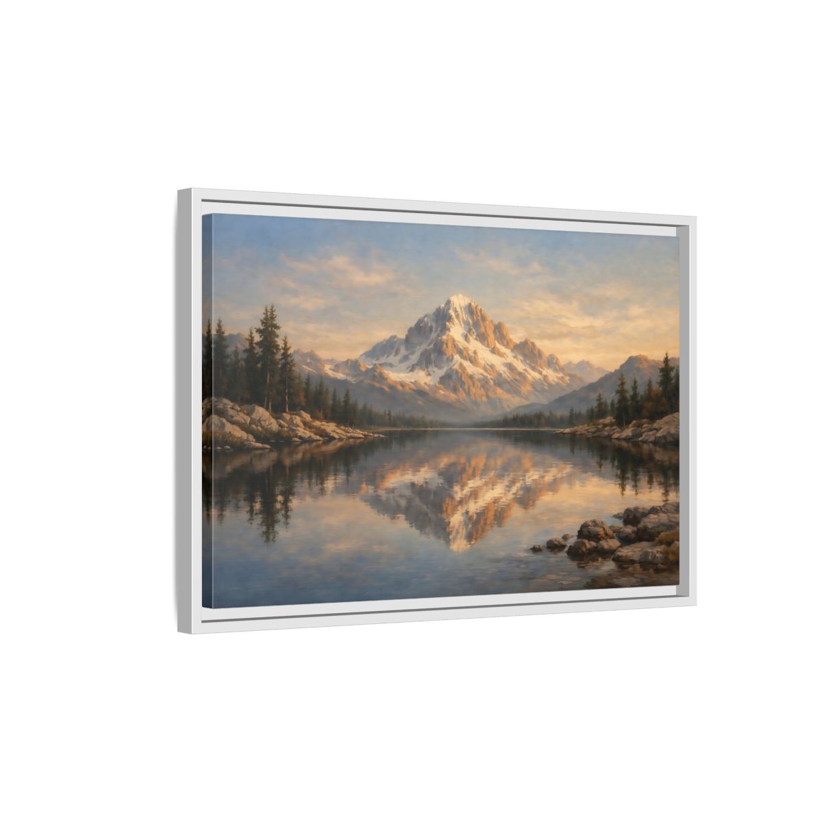 Side Mockup 1. Nature Snowy Mountain Golden Mountain Lake shown as stretched canvas wall art