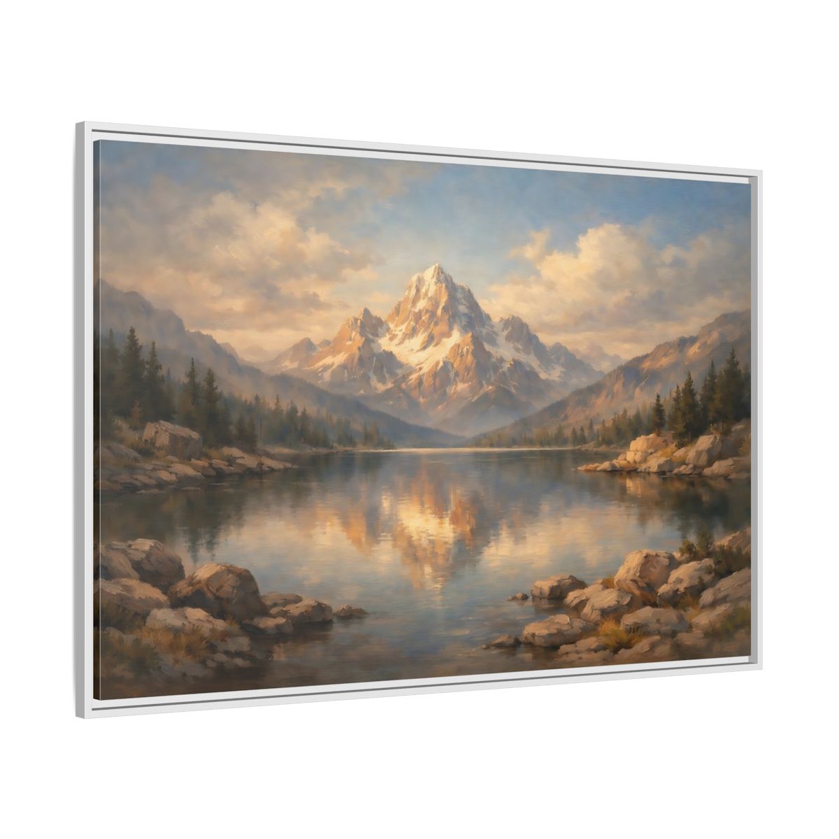 Side Mockup 7. Nature Snowy Mountain Golden Mountain Lake shown as stretched canvas wall art
